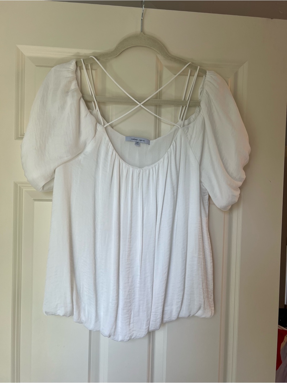 Naked Zebra White Puff-Sleeve Satin Top with Crisscross Neck Detail